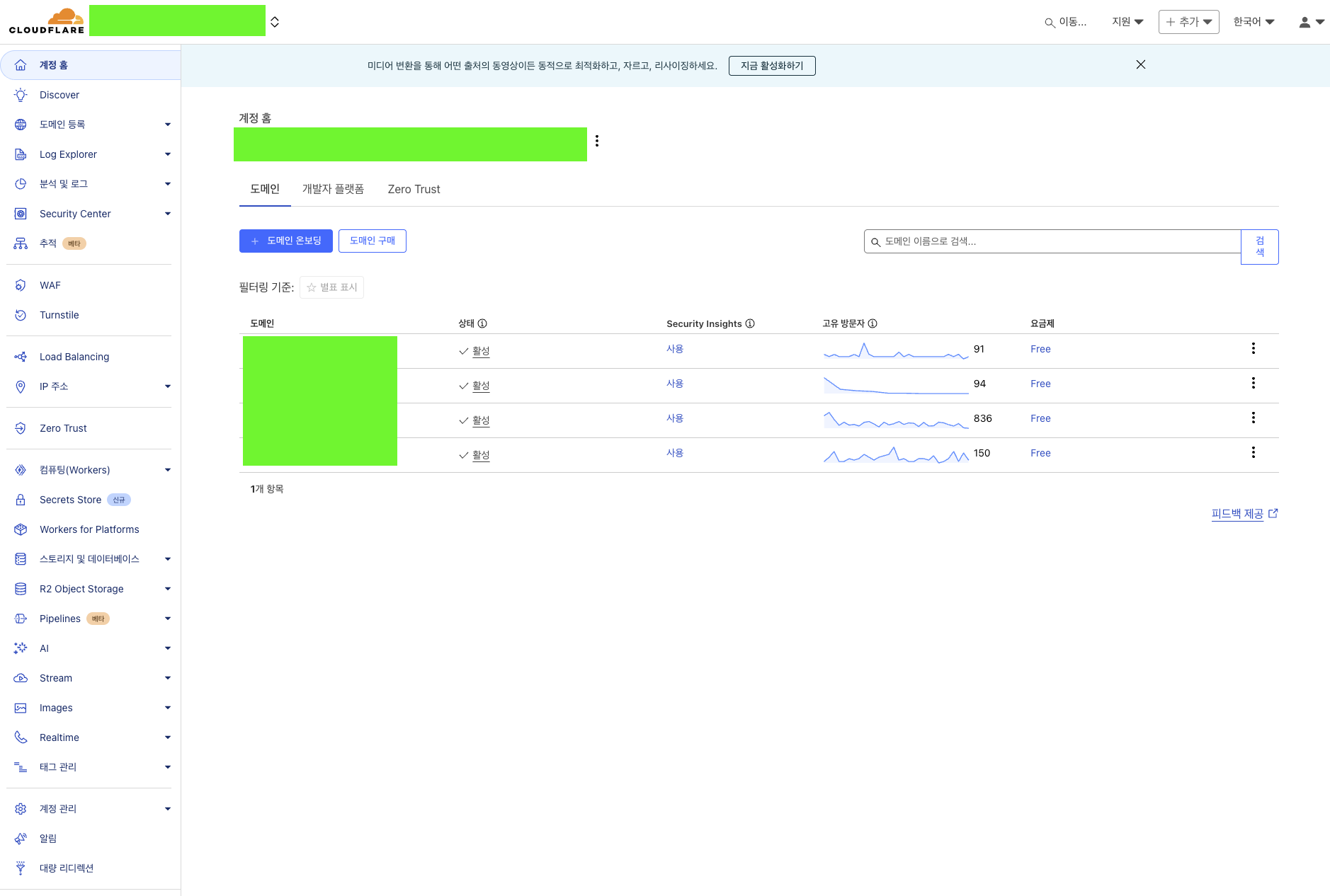 클라우드플레어 대시보드 화면