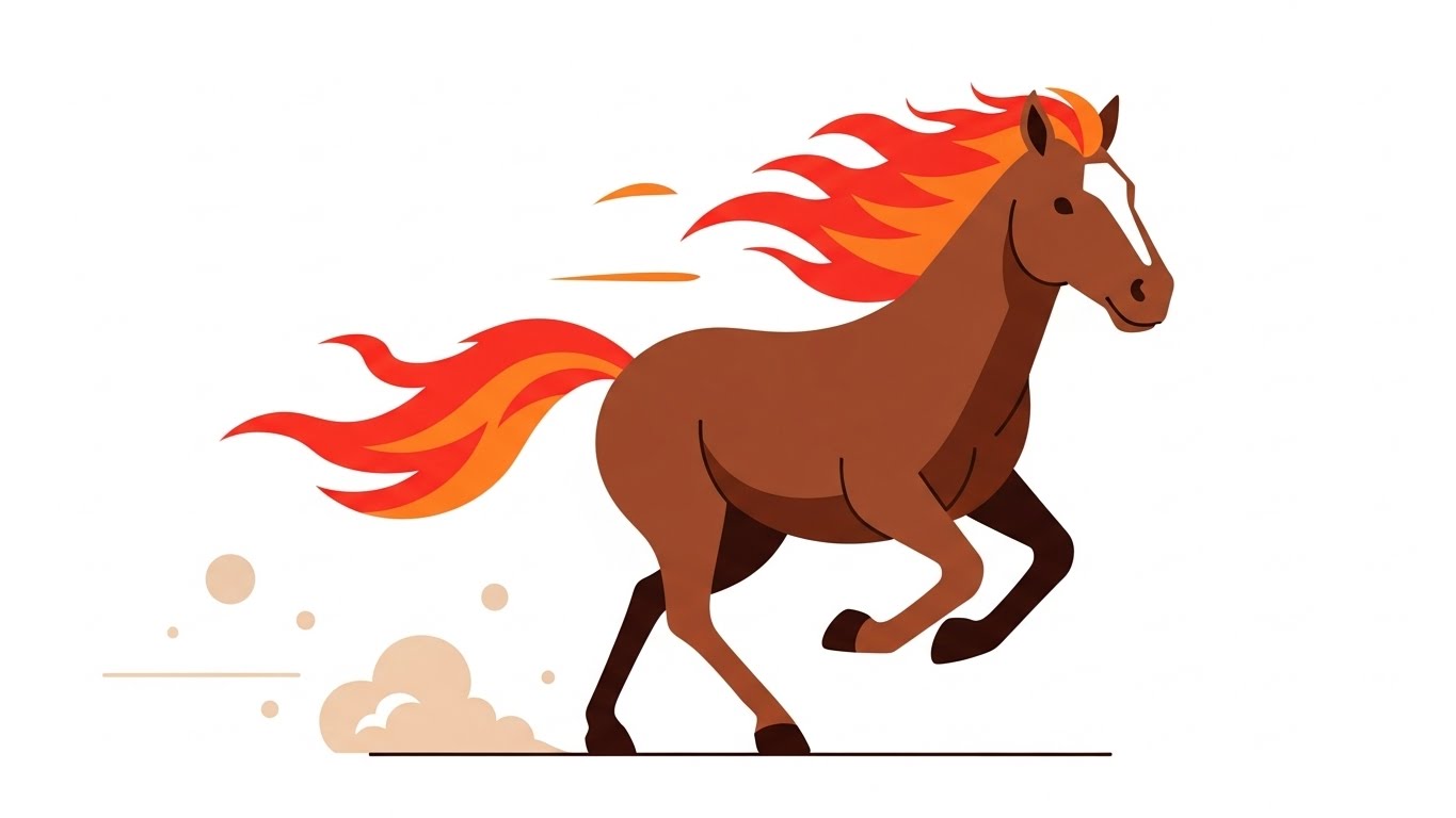 불타는 갈기를 휘날리며 목표를 향해 전속력으로 질주하는 역동적인 말 캐릭터 일러스트
