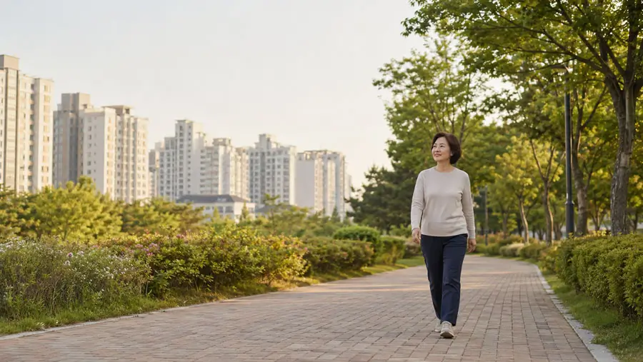 밝고 편안한 초저녁의 한국 아파트 단지와 가까운 공원 산책로, 편안한 일상복과 운동화를 신고 약간 빠른 속도로 걷는 한국인 중년 성인 한 명
