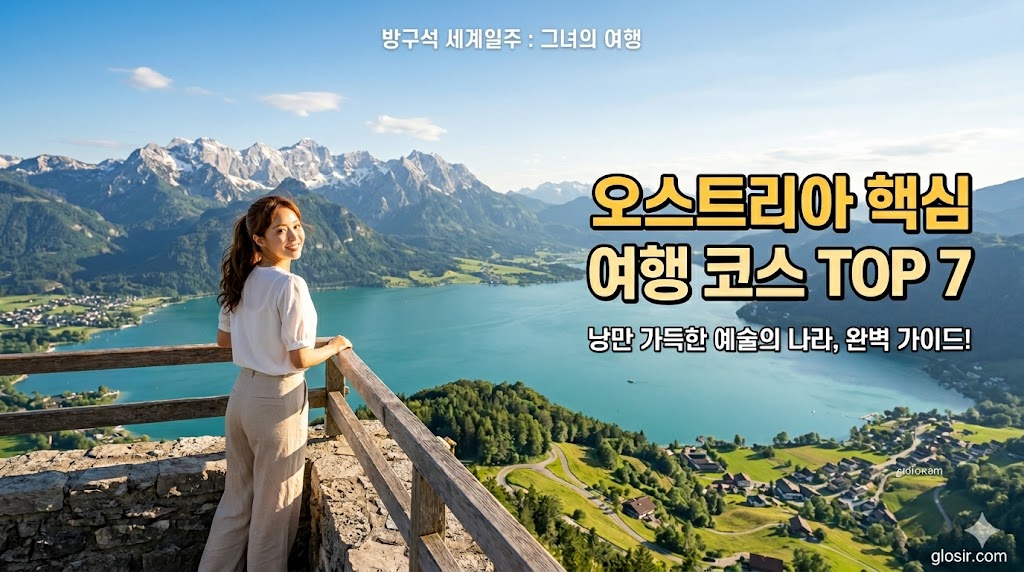 웅장한 오스트리아 알프스 호수 배경으로 베이지색 와이드 팬츠를 입고 고개 돌려 웃는 한국 여성과$$방구석 세계일주 그녀의여행$$오스트리아 여행 코스 핵심 TOP 7 glosir.com 커버 문구