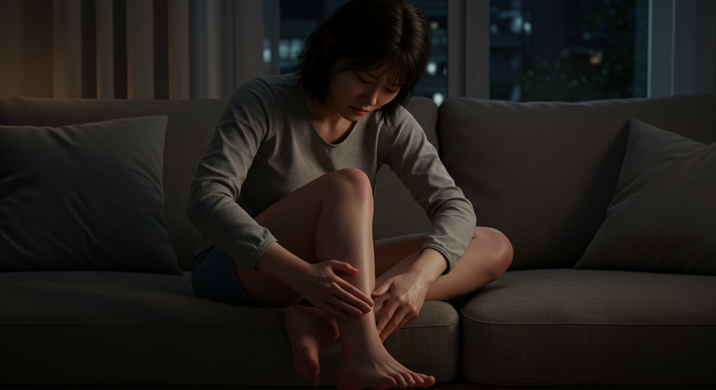 한 여성이 저녁에 소파에 앉아 부은 다리를 마사지하고 있는 모습.
