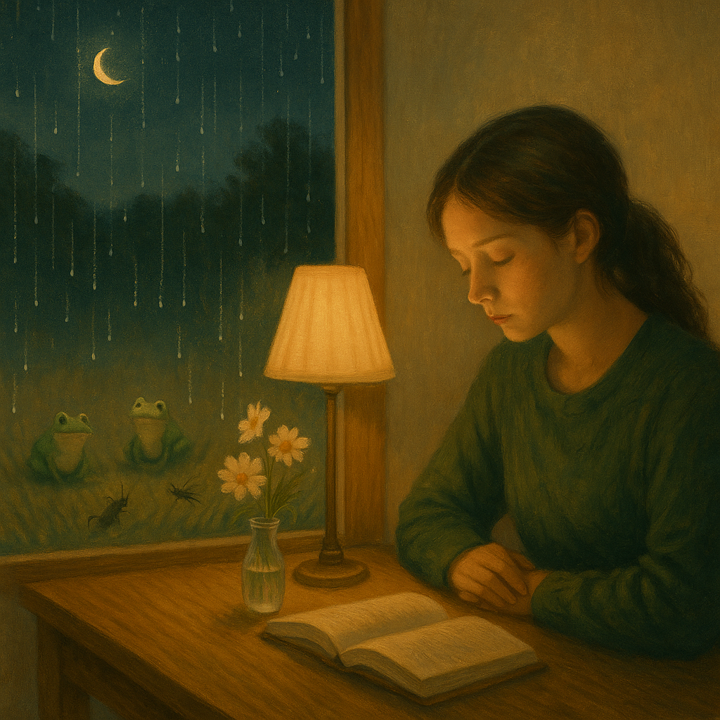 "창문 너머로 들려오는 개구리와 귀뚜라미 소리 속, 따뜻한 조명 아래에서 희망과 위로를 기록하는 순간"