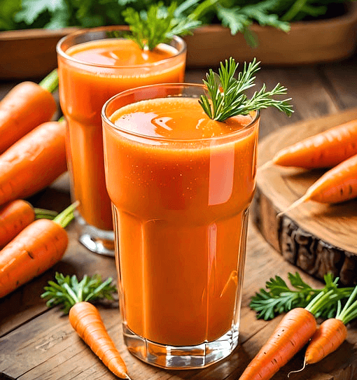 투명한 유리컵에 당근주스 2잔이 가득 담겨있고 주변에는 당근들이 가득하다.