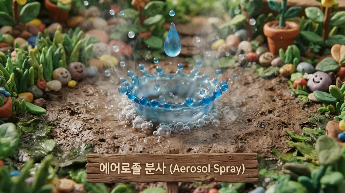 투명한 클레이 점토 빗방울 인형이 다공성 점토 흙에 부딪혀 왕관형 스플래시와 함께 향기 미스트 구슬을 분사하는 아드만 스톱모션이미지