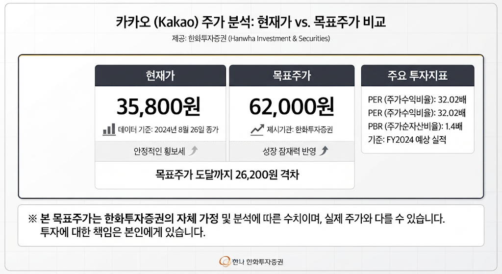 카카오 현재 주가 3만5800원과 증권사 목표주가 6만2000원 비교