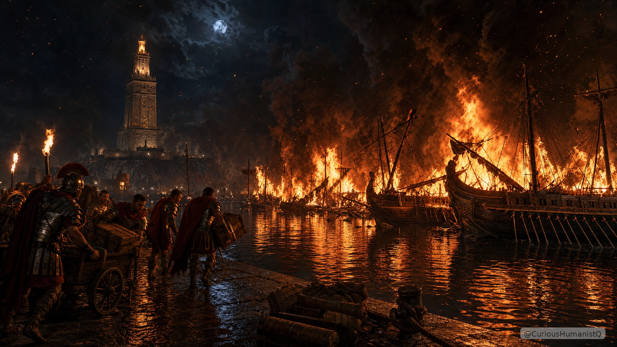 A cinematic photorealistic historical night scene depicting the harbor of Alexandria, Egypt, during the civil war fires of 48 BCE. In the left foreground, a group of Roman soldiers in detailed bronze lorica segmentata armor and dark red military cloaks (paludamentum) stand and move urgently along a wet stone quayside that reflects the orange firelight. One soldier on the far left holds a tall lit torch above his head. Several soldiers in the center are bent over a wooden cart, hauling wooden crates and cargo away from the burning docks. Their faces are illuminated by the fierce orange glow. In the mid-ground and right side of the frame, multiple ancient wooden warships — biremes and triremes with oar banks and rigging — are engulfed in towering, roaring orange and crimson flames at the harbor docks, with some vessels already listing and partially collapsed. Thick black and grey smoke billows massively upward into the dark night sky, lit from below by the orange fire glow, with glowing orange embers drifting upward. The dark harbor water between the quay and the burning ships reflects the orange and crimson firelight in long, broken, rippling streaks across the surface. In the upper left background, the famous Pharos Lighthouse of Alexandria — a massive three-tiered stone tower — rises tall on its rocky island, its own steady beacon fire burning brightly and calmly at its summit, standing in stark visual contrast to the chaotic destruction below. A full moon is partially visible through dark smoke clouds in the upper center of the night sky.