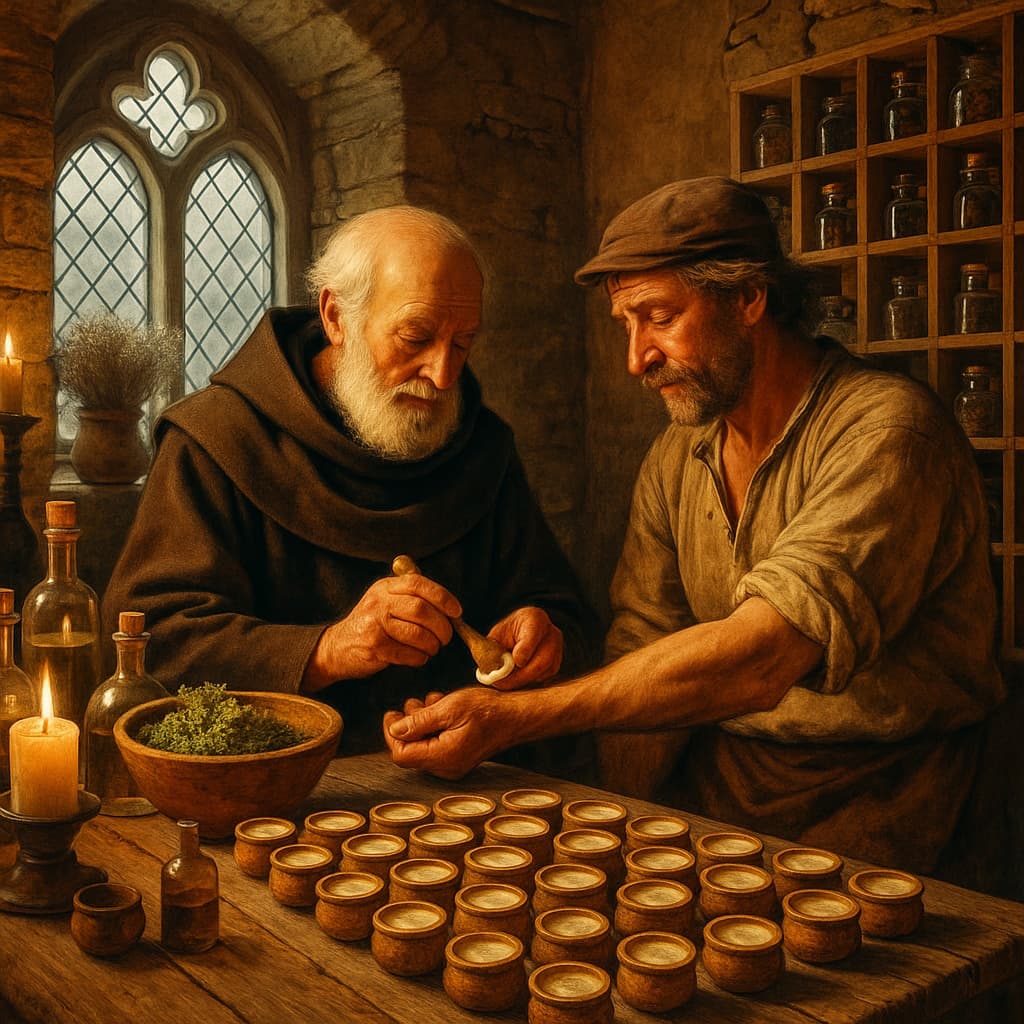 중세 유럽 연고 제조자(Ointment Maker)가 농민에게 연고를 발라주는 모습