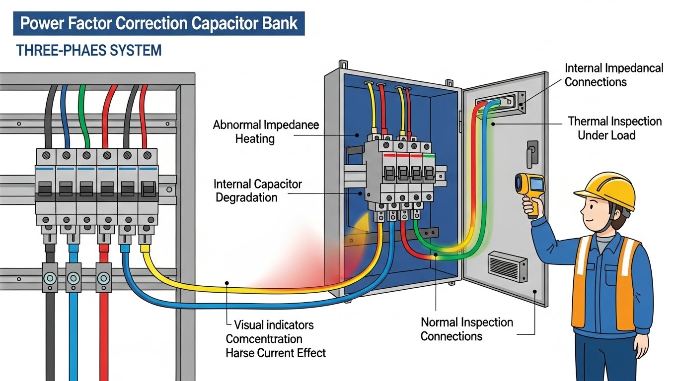 3상 진상콘덴서에서 콘덴서 측 특정 상 전선 온도가 높은 경우의 원인과 조치