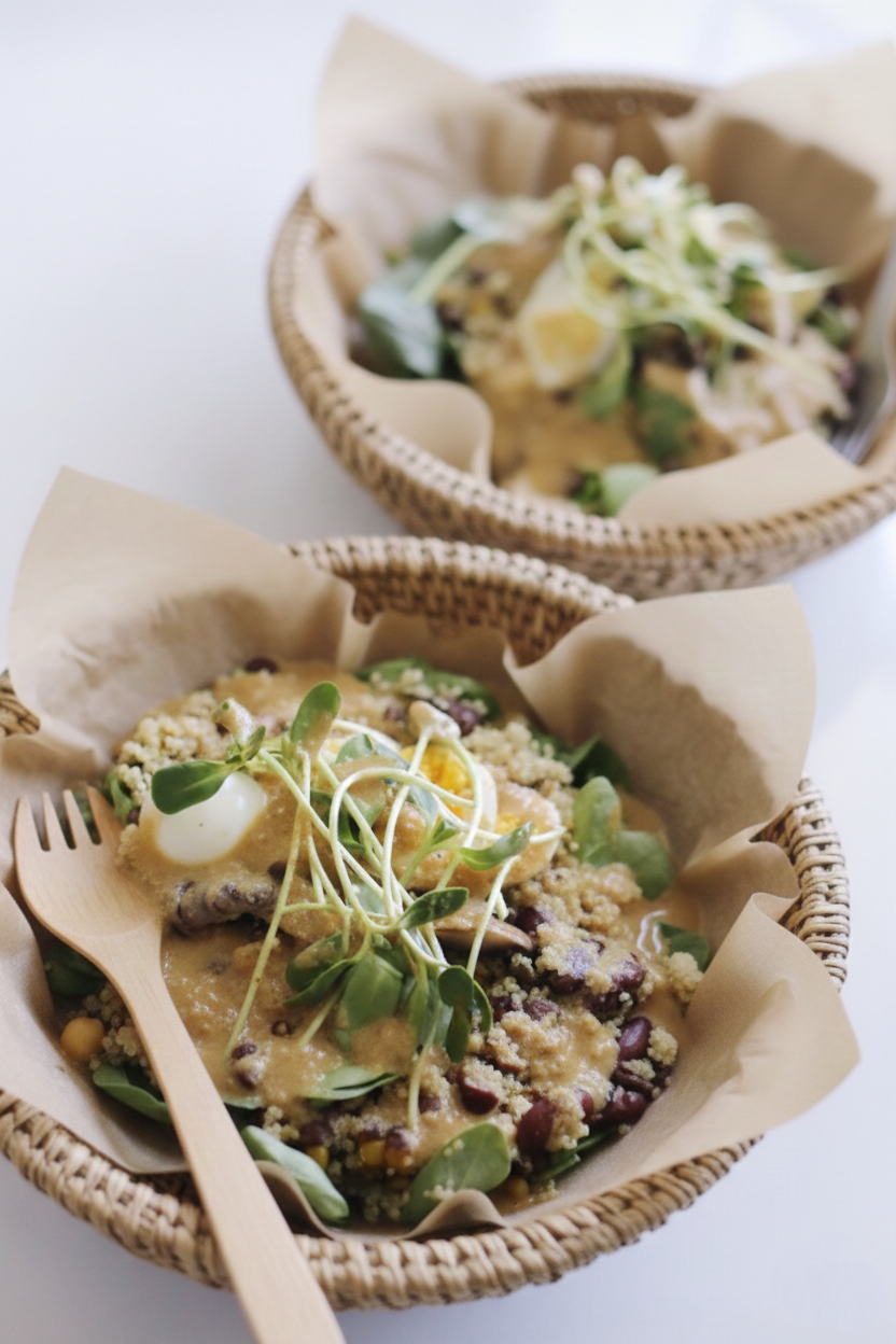 우드 보울에 담긴 고소한 크리미 미소 드레싱을 곁들인 퀴노아 고대곡물 샐러드 보울