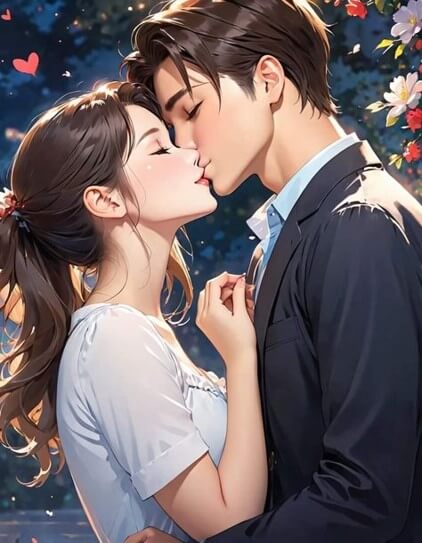 흰색-티를-입은-여성과-검정-양복을-입은-납자가-두-눈을-감고-사랑스럽게-입맞춤을-하는-모습