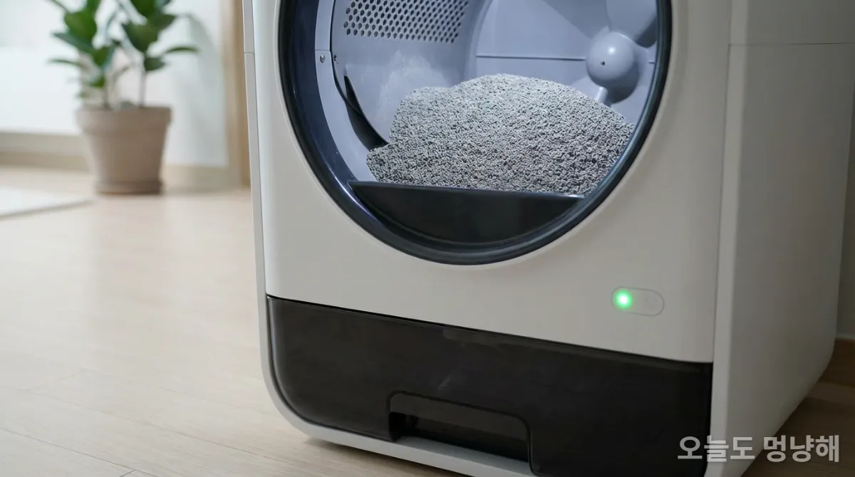 깨끗하게 정돈된 고양이 자동 화장실 내부 모래와 폐기물 서랍