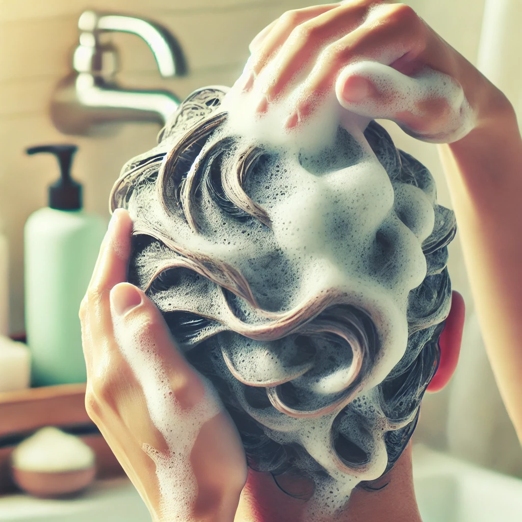 두피마사지를 하며 샴푸하는 남성