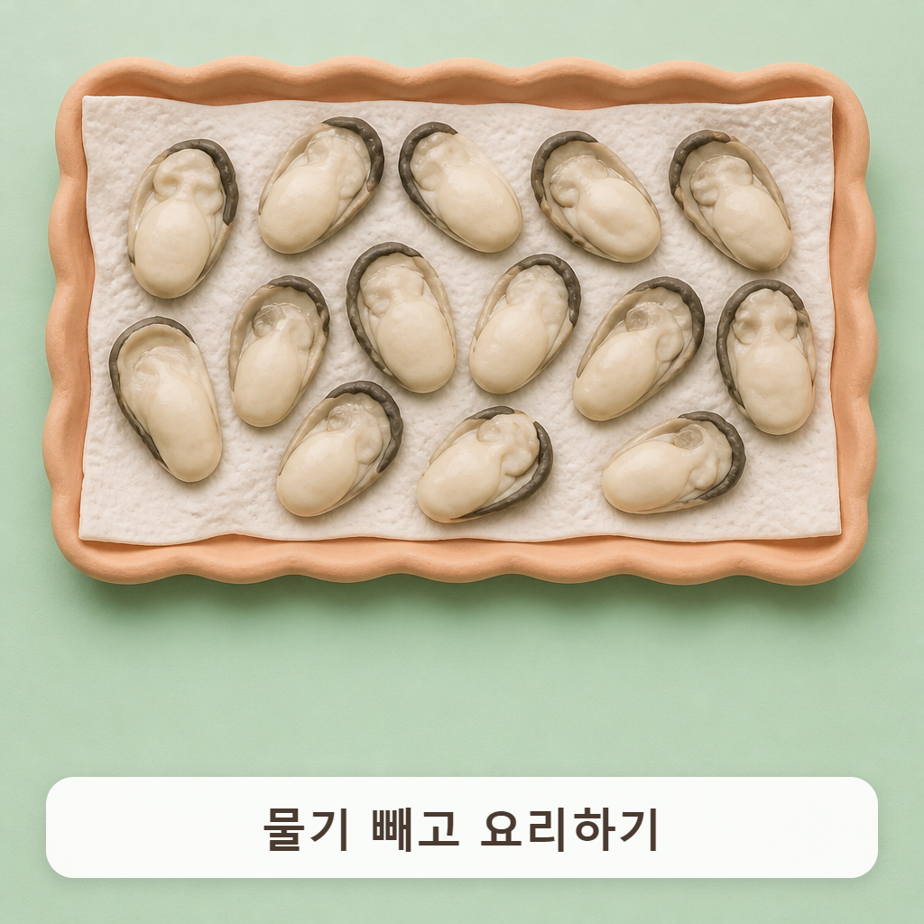 키친타월을 깐 쟁반 위에 굴을 한 겹으로 펼쳐 둔 모습
