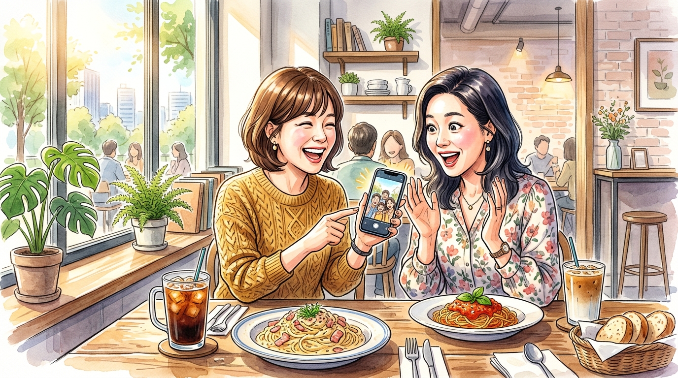 옆집언니가 국세청 환급금을 받아, 그돈으로 점심을 사주며 대화를 나누고 있는 모습.