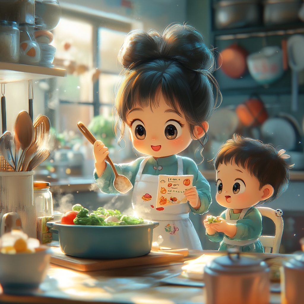 아기를 위한 요리를 하고 있는 엄마 사진