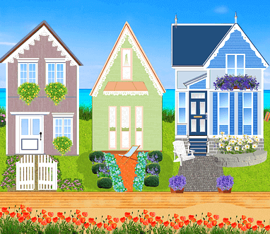 베란다에 노란 꽃들과 보라색 꽃들이 가득한 2층 주택 3채가 나란히 있고 길가엔 예쁜 빨간 꽃들이 피어있다.