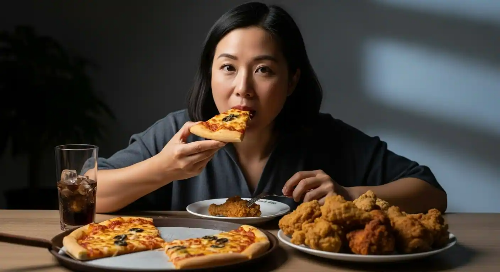 늦은 저녁 시간, 식탁에서 치킨, 피자를 먹고 있는 여성