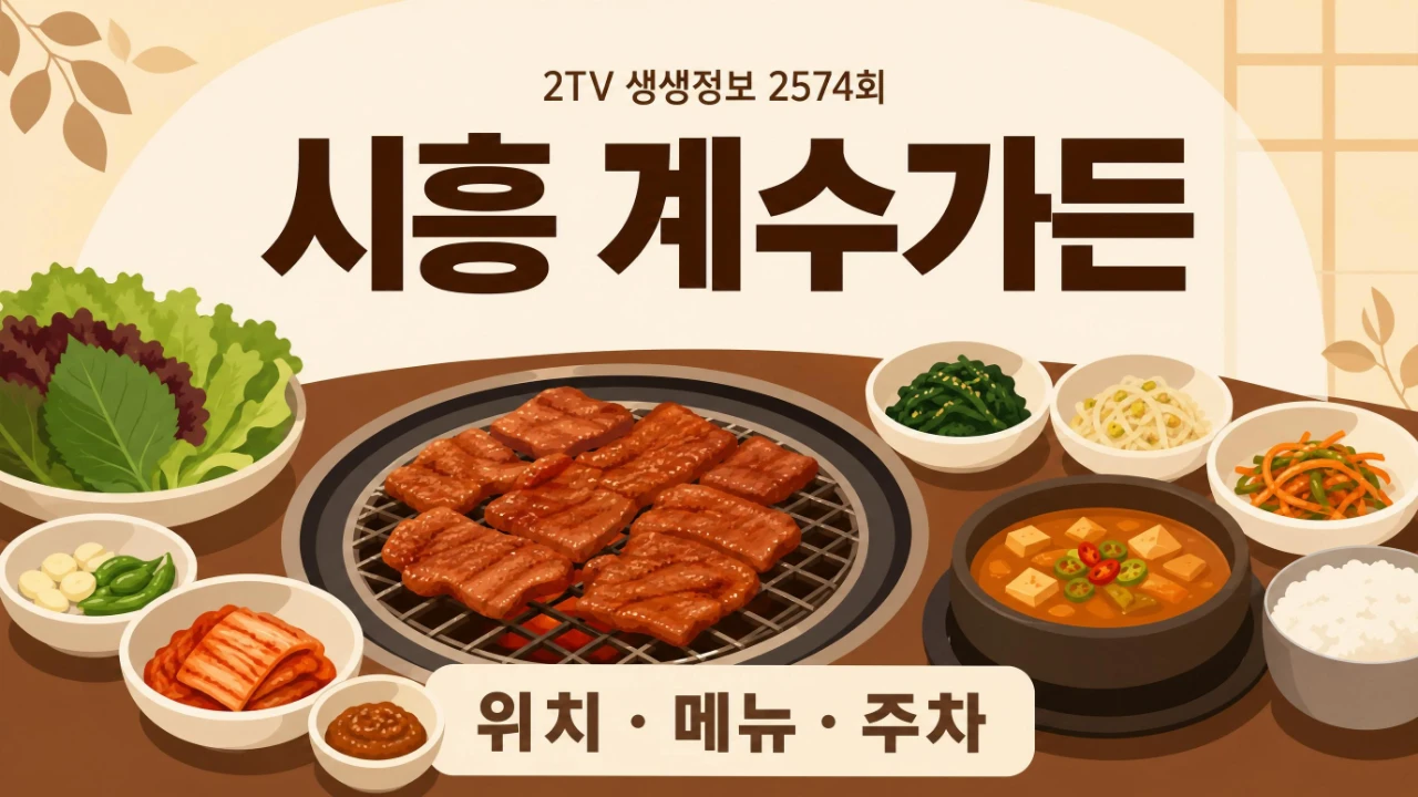 2TV 생생정보 2574회 시흥 계수가든 위치와 숯불 양념 돼지고기 정보를 정리한 대표 이미지