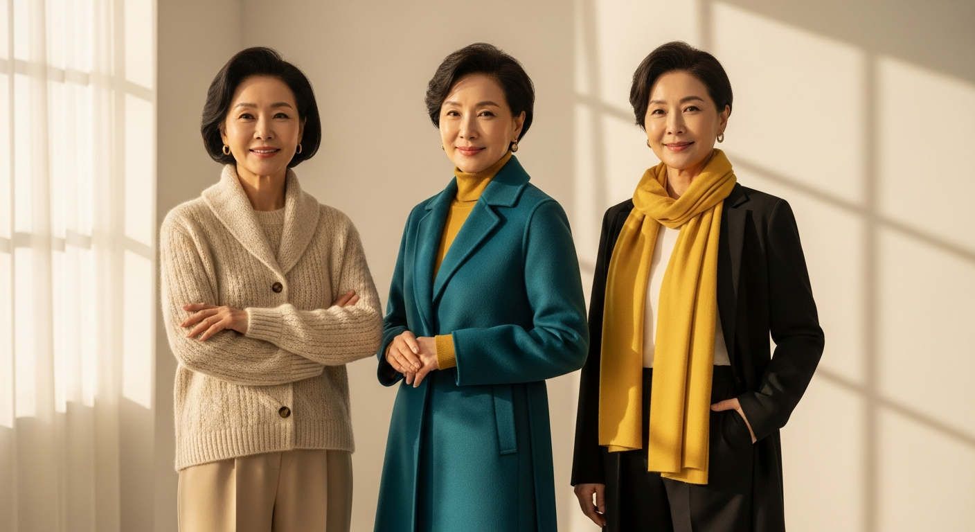 밝고 모던한 스튜디오에 서 있는 우아한 50~60대 한국 중년 여성 친구들 3명. 각각 2026년 트렌드 컬러 의상을 입고 있음(한 명은 크림빛 '클라우드 댄서' 니트, 한 명은 세련된 '트랜스포머티브 틸' 코트, 한 명은 '모닝 옐로우' 스카프 포인트). 검은색 또는 짙은 갈색의 세련된 헤어스타일(흰머리 없음). 따뜻한 조명, 고화질 패션 화보 스타일.