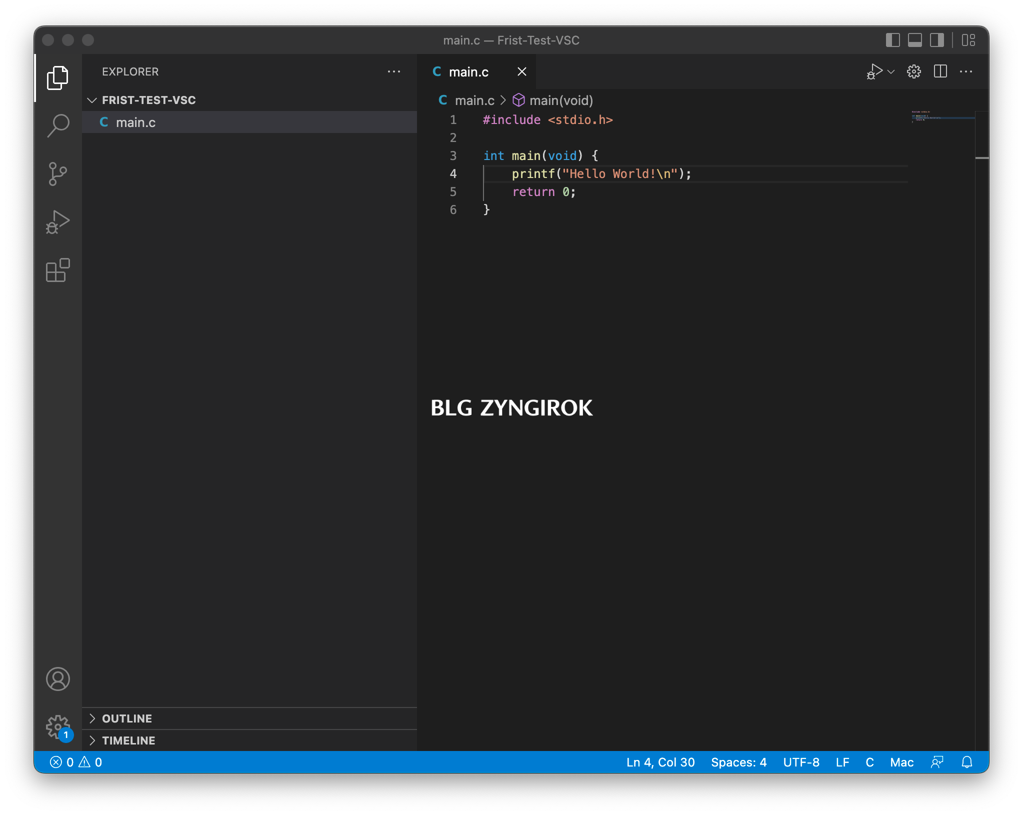 hello world를 출력하는 main.c 파일이다.