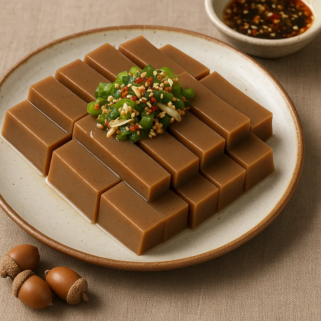 도토리묵 접시에 정갈하게 올려진 한국 전통 음식, 초록 고명과 간장 양념이 곁들여진 모습