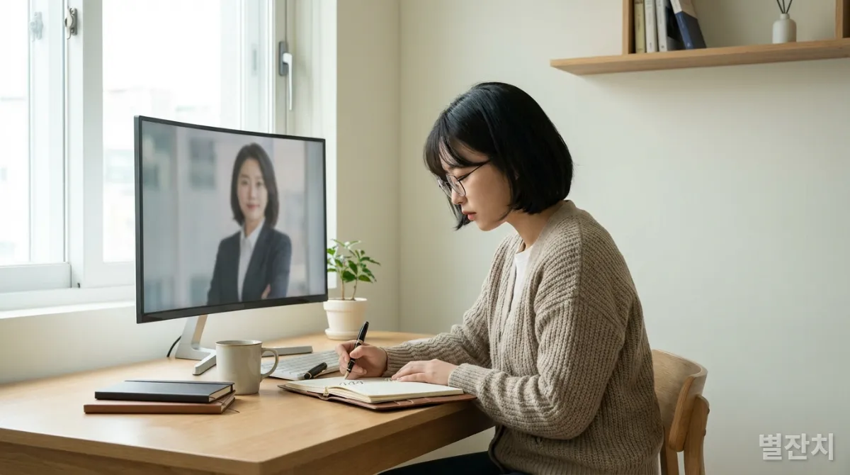 한국인 젊은 여성이 집에서 목표를 기록하며 자기 계발에 집중하는 모습
