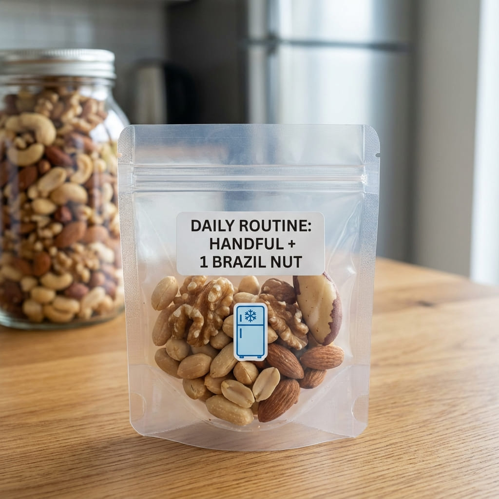 한 줌 기준 믹스 견과류: 땅콩, 브라질너트, 호두, 아몬드
