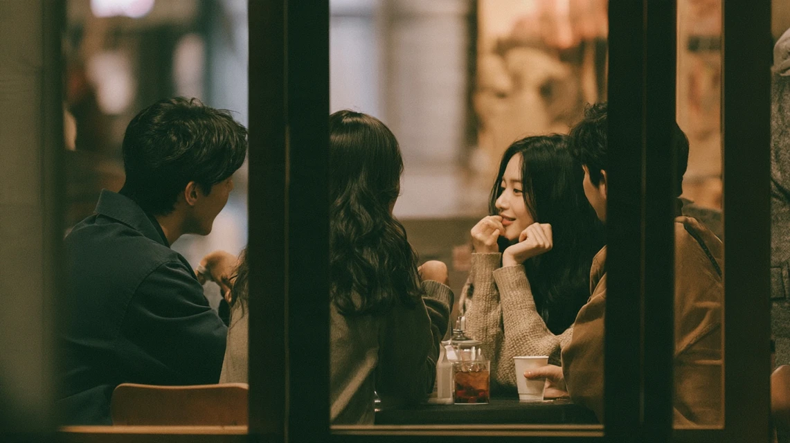 대화에서 살짝 벗어나 앉아있는 사람