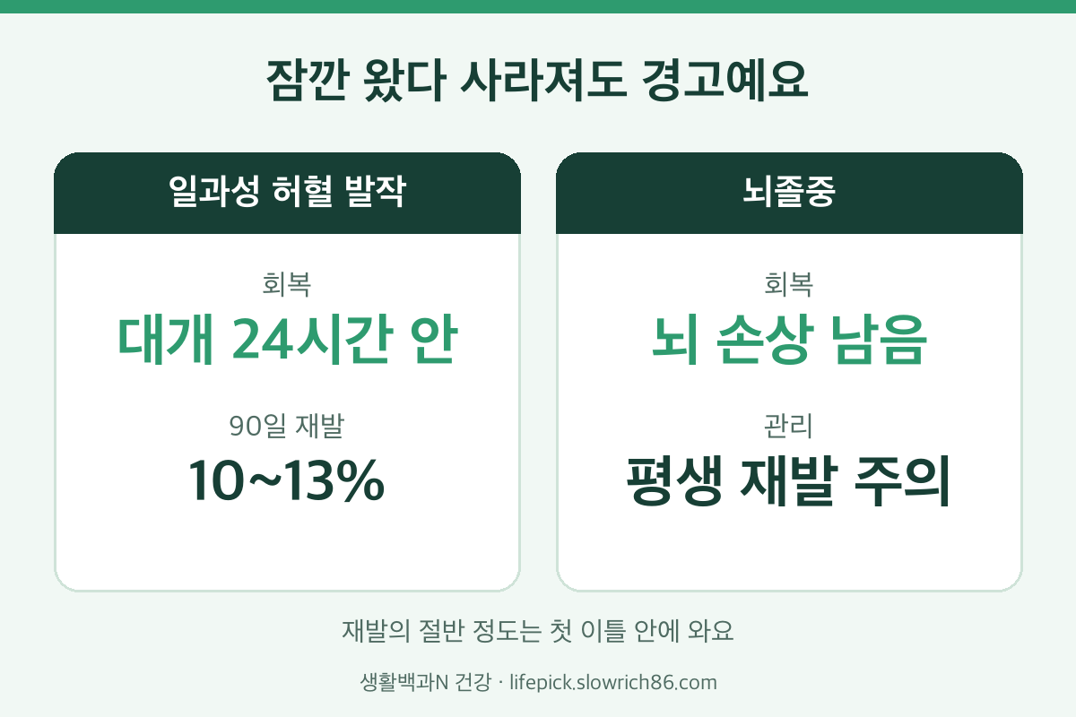 일과성 허혈 발작과 뇌졸중 비교 90일 재발 10~13%