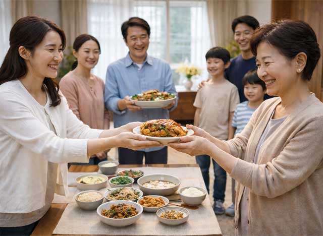 이읏과 음식을 나누는 모습