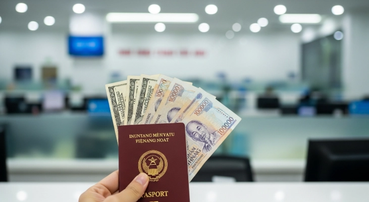 베트남 은행 창구에서 여권과 달러, 베트남 동을 제시하는 손. 안전하고 합법적인 환전 과정을 보여줍니다.