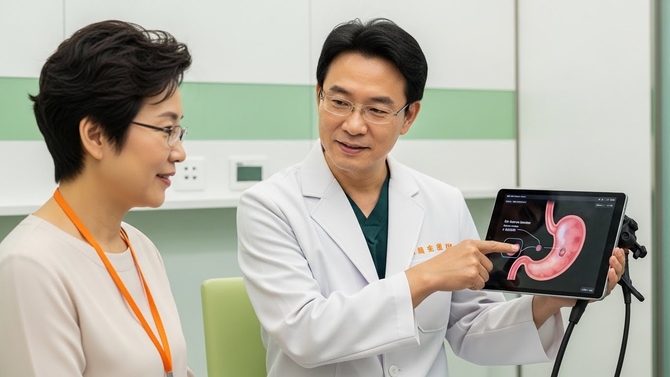 의사가 환자에게 태블릿으로 위내시경 이미지를 보여주며 초기 이상 소견을 설명하는 모습. 위암 조기 진단 과정과 의료진의 전문성을 보여주며, 환자가 안심하는 분위기입니다.