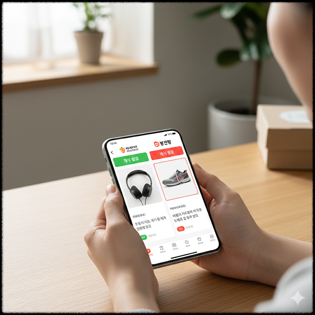 중고 물품 촬영 후 판매 등록을 완료한 모습