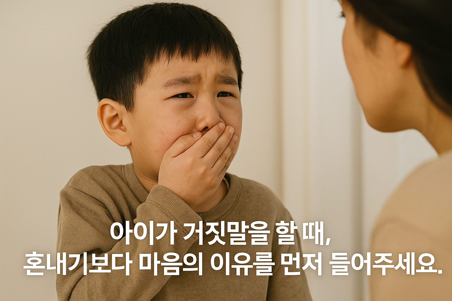엄마를 바라보며 왼손으로 입을 가리고 미안한 표정을 짓는 5세 남자아이