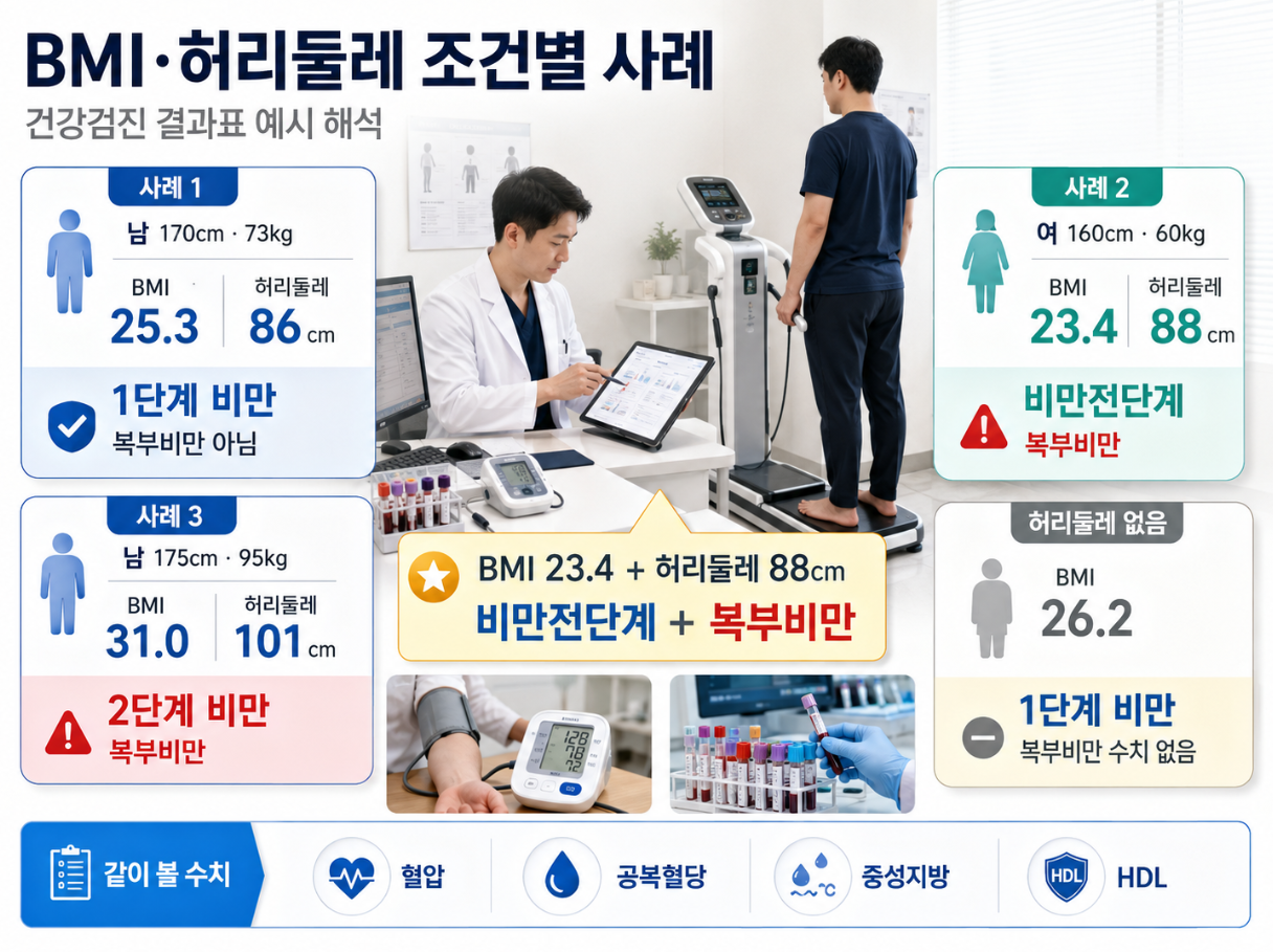 BMI와 허리둘레 조건별 건강검진 사례를 정리한 인포그래픽으로, BMI 25.3·23.4·31.0 사례와 허리둘레 86cm·88cm·101cm 결과 해석을 보여주는 이미지