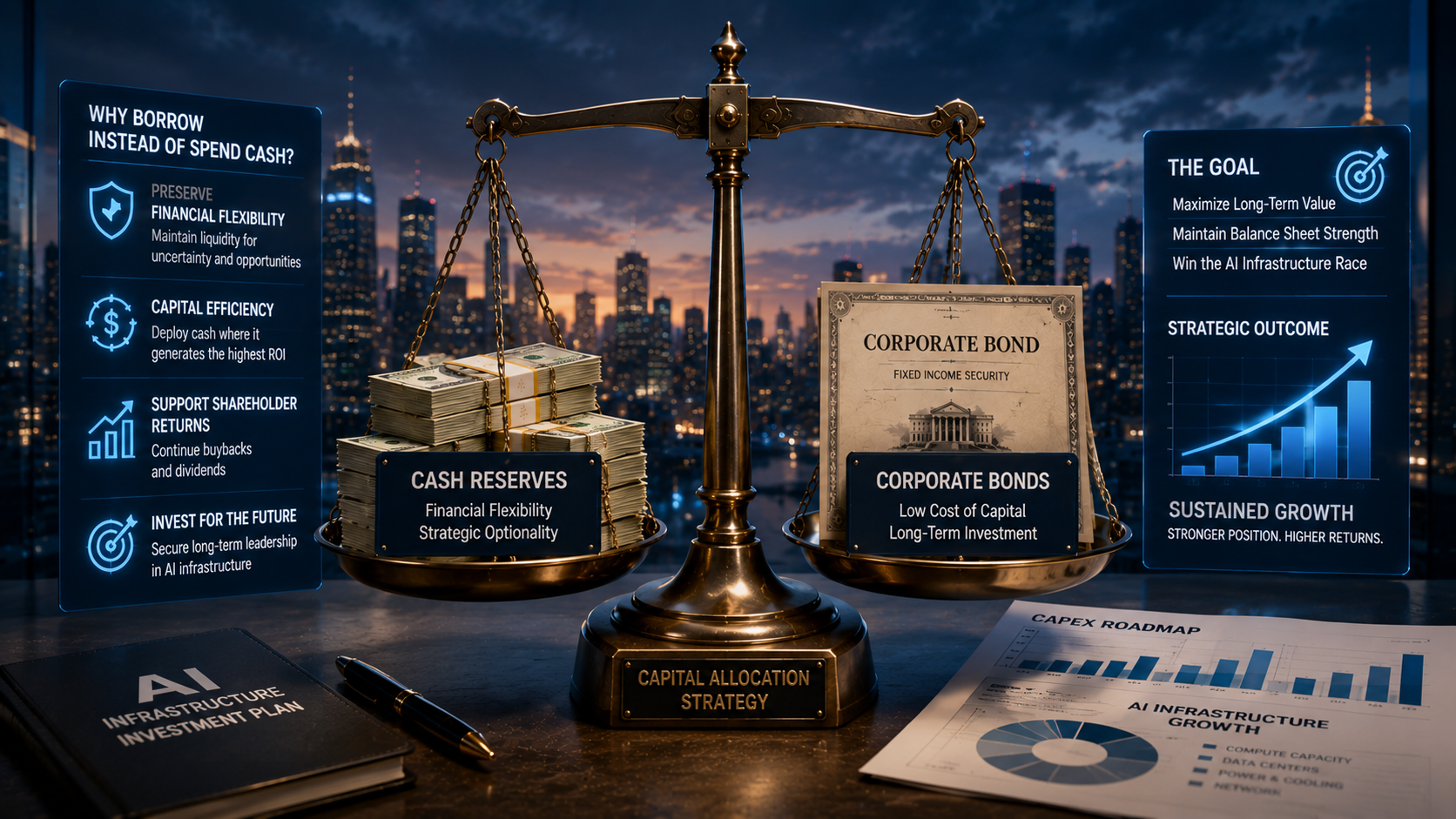 Financial scale balancing cash reserves and corporate bonds against a modern city backdrop, representing strategic capital allocation and AI investment planning.