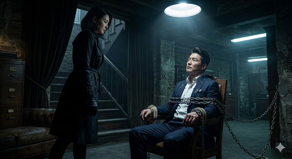 Kang Min-ju, with an imposing and commanding presence, stands watchfully in a dark basement. Baek Seung-ha is bound to a chair directly beneath a hanging light by heavy chains, his expression showing captive despair as he looks up at her with helpless submission.