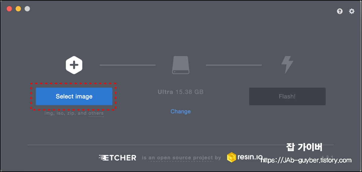 balenaEtcher에서 Flash from file로 ISO 파일을 선택하는 화면