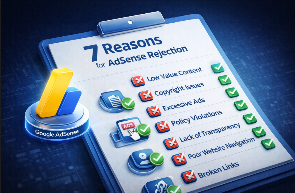 애드센스 승인 거절 사유 7가지와 해결책을 담은 전문적인 인포그래픽 썸네일