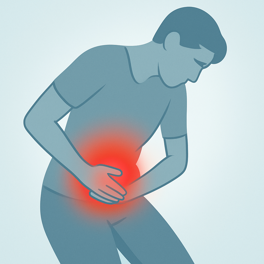 아랫배 통증으로 인해 허리를 숙이고 있는 사람을 표현한 일러스트