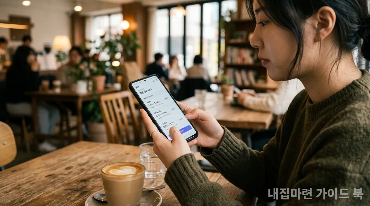 스마트폰으로 대출 금리 비교 앱을 확인하는 여성의 손