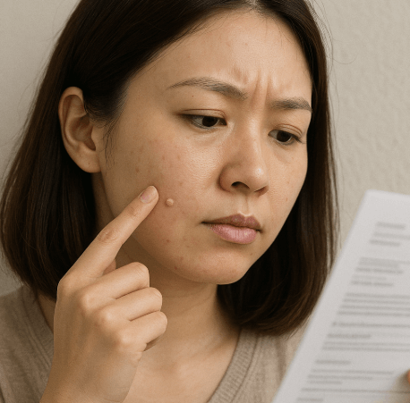 편평사마귀가 난 여성이 보험조약을 보고 있는 사진