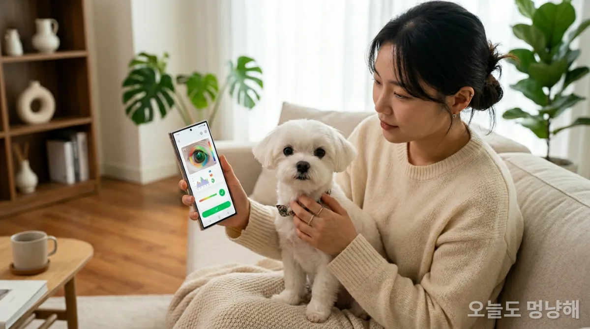 스마트폰 앱으로 강아지 눈 건강을 확인하는 한국인 보호자