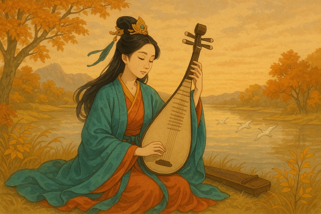 가을 강가에 앉아 비파를 연주하는 왕소군의 모습. 그녀는 청색과 붉은색의 전통 의상을 입고 있으며, 주변에는 단풍나무와 노을이 물든 강물, 날아오르는 기러기들이 어우러져 고요한 분위기를 자아낸다.