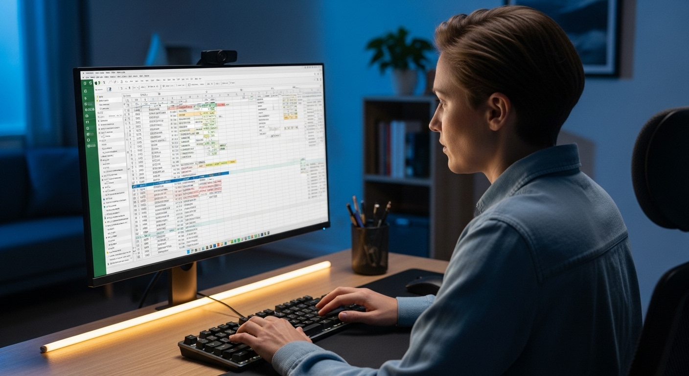 컴퓨터 화면에 엑셀 스프레드시트를 띄워놓고 컴퓨터활용능력 2급 실기 연습에 집중하는 사람.