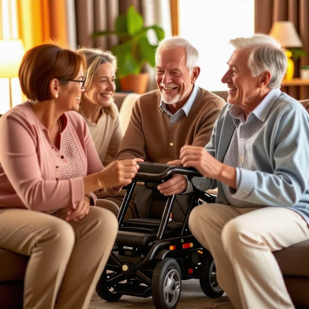 실버카 이용 후기: 실버카를 이용한 후기를 나누는 노인들의 모습. 긍정적인 경험을 공유하는 장면.