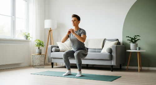 집에서 요가 매트 위에서 층간 소음 걱정 없이 저강도 유산소 운동을 하는 사람의 모습.