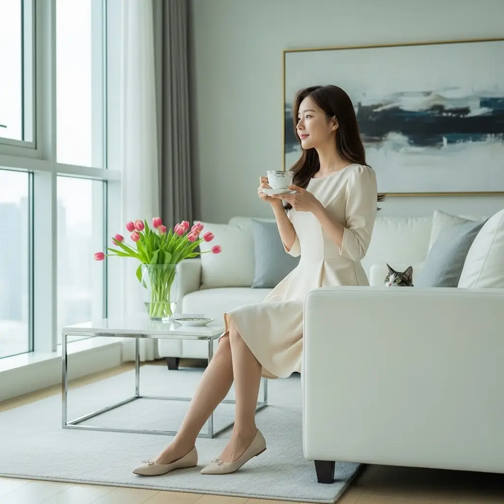 한국인 여성이 밝은 펜트하우스에서 차를 마시며 창밖을 보며 조용히 성공을 자축하는 모습