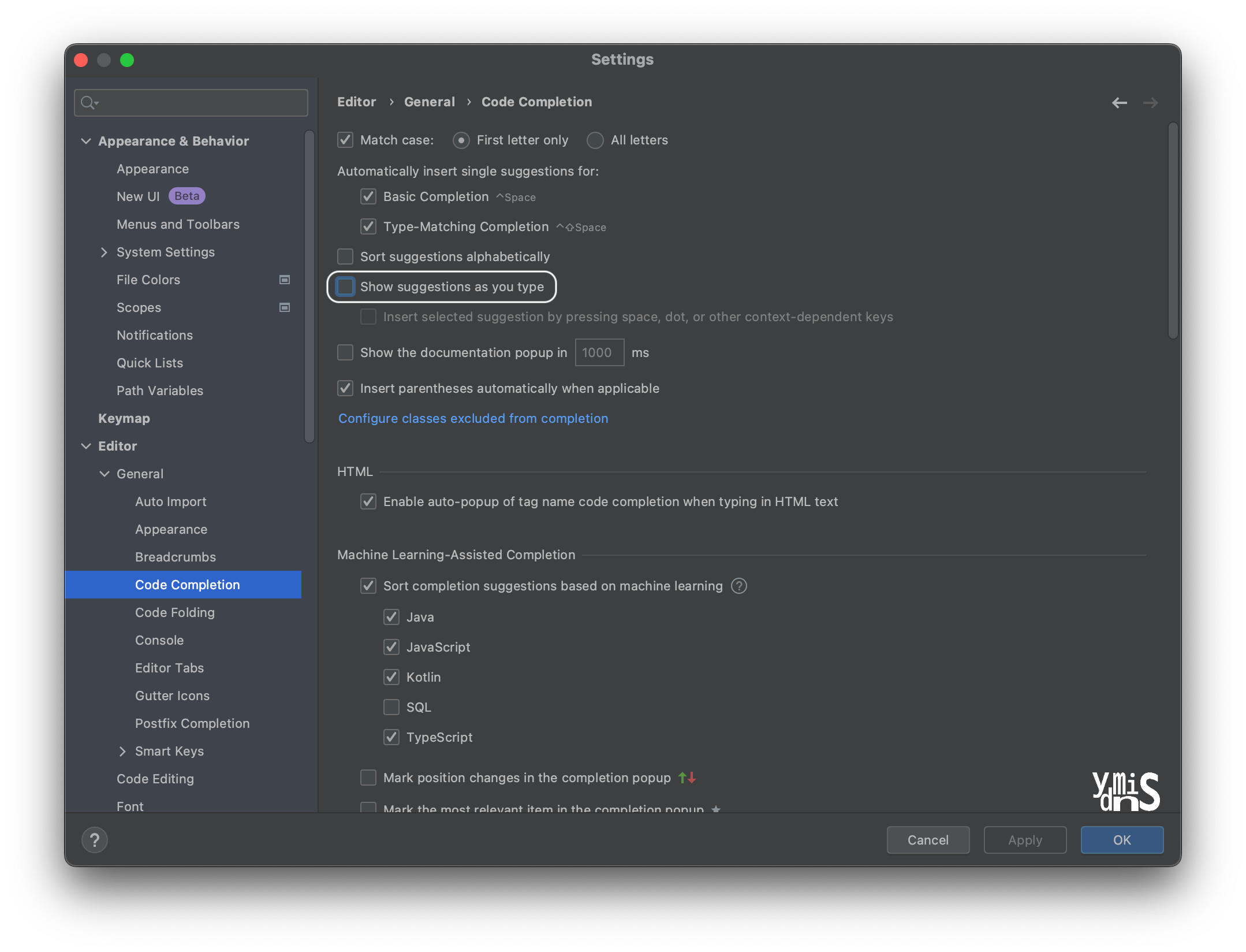 인텔리제이 세팅에서 자동완성기능이 꺼진 상태모습이다.