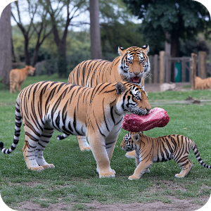 호랑이 가족이 먹이 먹는 이미지